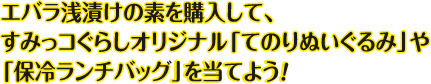 エバラ浅漬けの素を購入して、すみっコぐらしオリジナル「てのりぬいぐるみ」や「保冷ランチバッグ」を当てよう!
