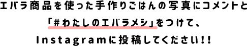 エバラ商品を使った手作りごはんの写真にコメントと「#わたしのエバラメシ」をつけて、Instagramに投稿してください!!