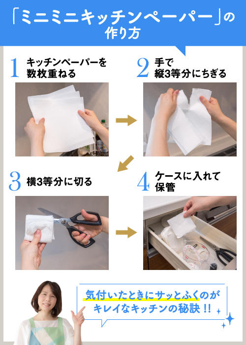 2．キッチンペーパーを活用して布ふきんを洗う手間をカット
