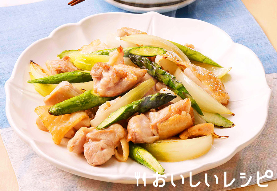鶏肉とアスパラのとんこつ塩炒め