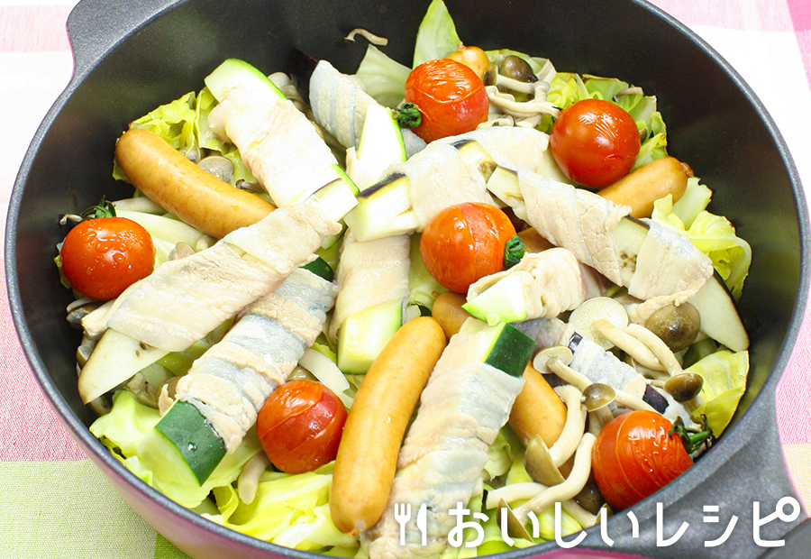 夏野菜の肉巻きフライパン蒸し