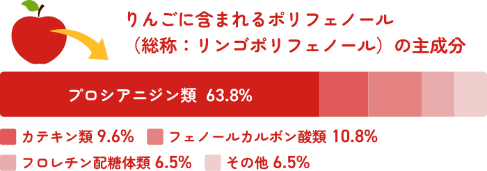 りんごに含まれるボリフェノール(総称:リンゴボリフェノール)の主成分プロシアニジン類　63.8% ■カテキン類　9.6%  ■フェノールカルボン　10.8% ■フロレチン配糖体類　6.5%■その他　6.5%