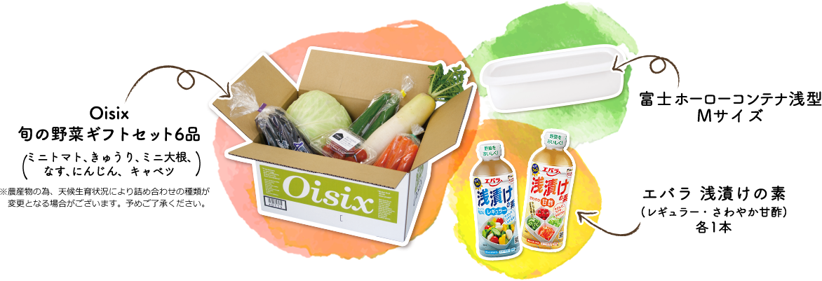 Oisix 旬の野菜ギフトセット6品(ミニトマト、きゅうり、ミニ大根、なす、にんじん、キャベツ)※農産物の為、天候生育状況により詰め合わせの種類が変更となる場合がございます。予めご了承ください。 富士ホーローコンテナ浅型 Mサイズ エバラ 浅漬けの素(レギュラー・さわやか甘酢)各1本