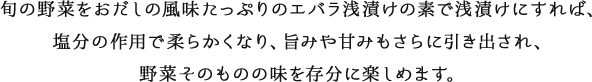 旬の野菜をおだしの風味たっぷりのエバラ浅漬けの素で浅漬けにすれば、塩分の作用で柔らかくなり、旨みや甘みもさらに引き出され、野菜そのものの味を存分に楽しめます。