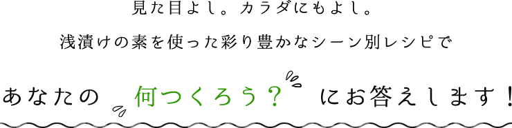 見た目よし。カラダにもよし。　浅漬けの素を使った彩り豊かなシーン別レシピであなたの「何つくろう？」にお答えします！