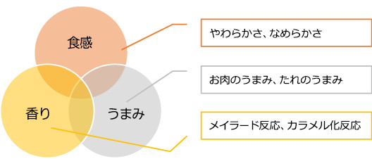 食感：やわらかさ、なめらかさ。うまみ：お肉のうまみ、たれのうまみ。香り：メイラード反応、カラメル化反応。